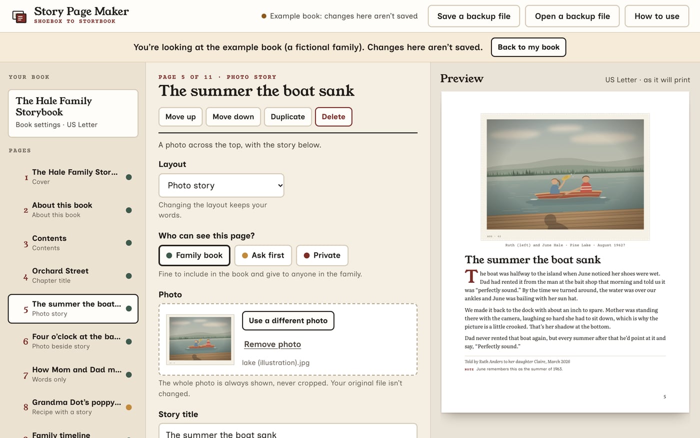 The Story Page Maker: a list of pages on the left, the form for a photo story in the middle, and a preview of the printed page on the right.
