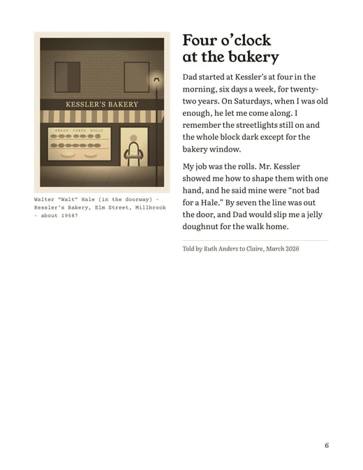 A finished page with a photo of a bakery storefront beside the story “Four o’clock at the bakery”.