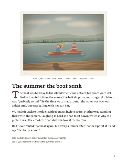 A finished story page made with the Story Page Maker: a lake photo, a caption, the title “The summer the boat sank” and the story.