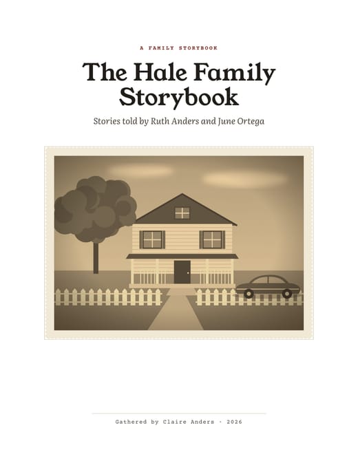 Cover of a fictional family storybook made with the Story Page Maker, titled The Hale Family Storybook, with a photo of a house.