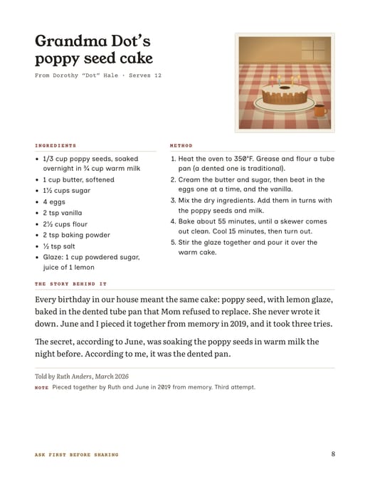 A finished recipe page for a poppy seed cake, with ingredients, method and the story behind it.