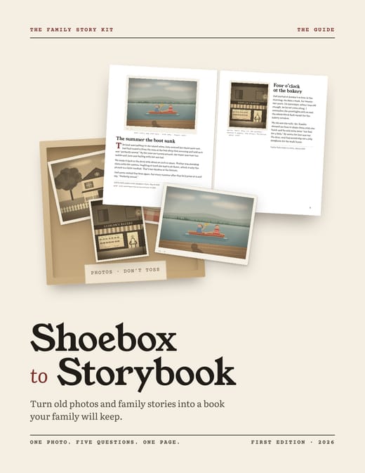Cover of the Guide: a shoebox of old photos beside an open family storybook, with the title Shoebox to Storybook.