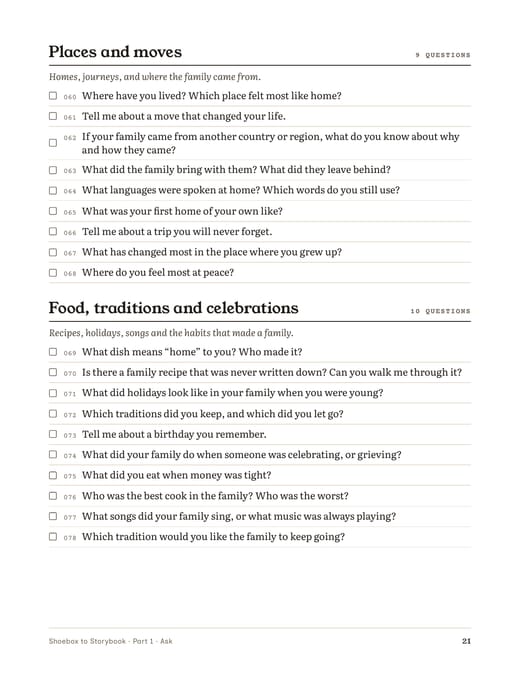 Guide page listing questions under “Places and moves” and “Food, traditions and celebrations”, each with a tick box.