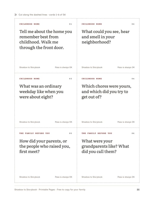 A sheet of six cut-out question cards, such as “Tell me about the home you remember best from childhood.”
