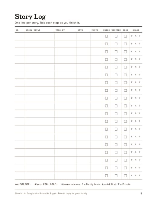 Printable Story Log table with columns for story number, title, teller, date, photo number, progress ticks and sharing choice.